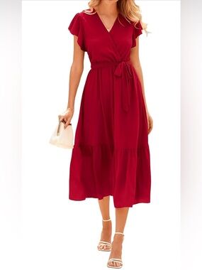 Summer Bohemian Wrap Midi Dress with Waist Tie in Red
